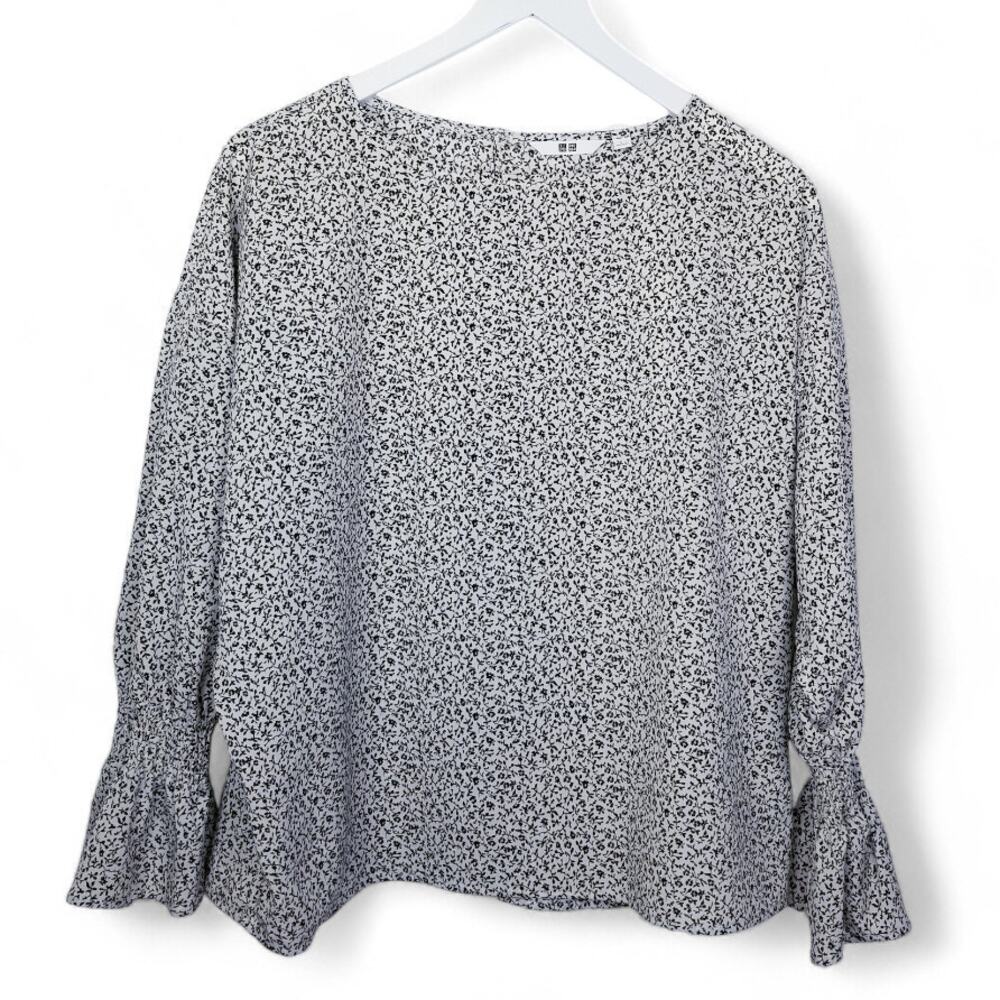 Uniqlo Floral Blouse Peasant Sleeve Cream Black Cottagecore - Size L